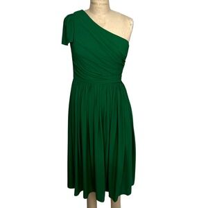 Mikael Aghal Emerald Green One Shoulder Ruched Midi Cocktail Dress Womens 8